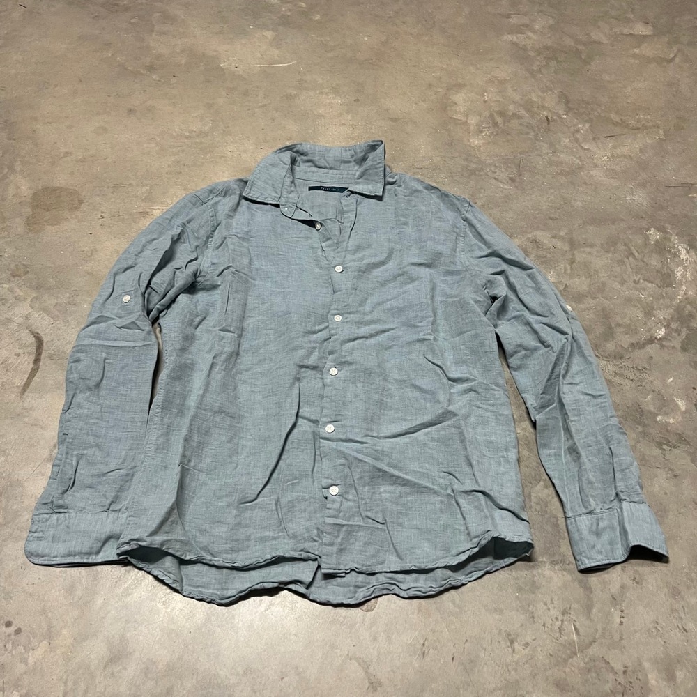 Perry Ellis Mens Linen Cotton Blend Button Down Shirt Blue Grey L MA6149